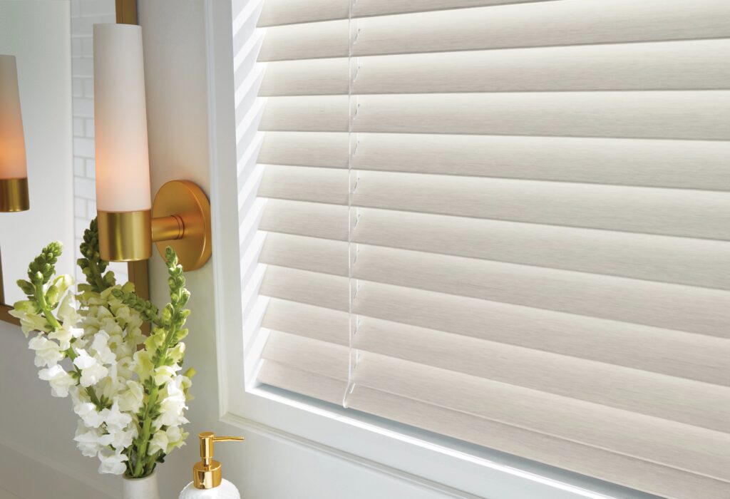 Close up image of a window with EverWood Alternative Wood Blinds installed