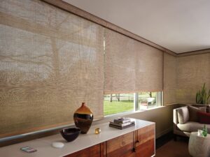 Windows in dark styled living room with Red chair in the corner of an office with a big window with Designer Screen Shades installed