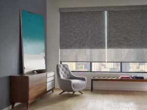 An office with a gray chair with windows adorned with Designer Screen Shades