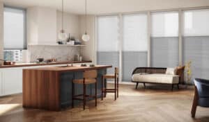 Modern kitchen with Hunter Douglas Applause honeycomb window coverings