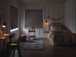 Darkened bedroom with Hunter Douglas Applause honeycomb shades at night