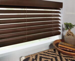 Window above corner shelf with Parkland Wood Blinds installed