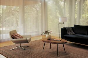 Living room with vintage furniture and Luminette Privacy Sheers