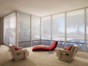 Red lounger on a porch with Nantucket Window Shadings