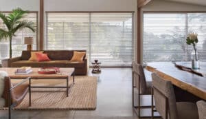 Kitchen and living room combination room with windows decorated with Silhouette® Window Shadings