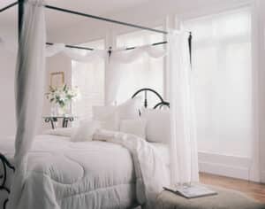White bedroom with large 3 windows covered with Modern Precious Metals Venitian Blinds