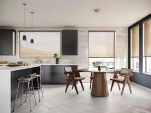 Light and dark coloured kitchen with multiple windows that have Modern Precious Metals Venitian Blinds