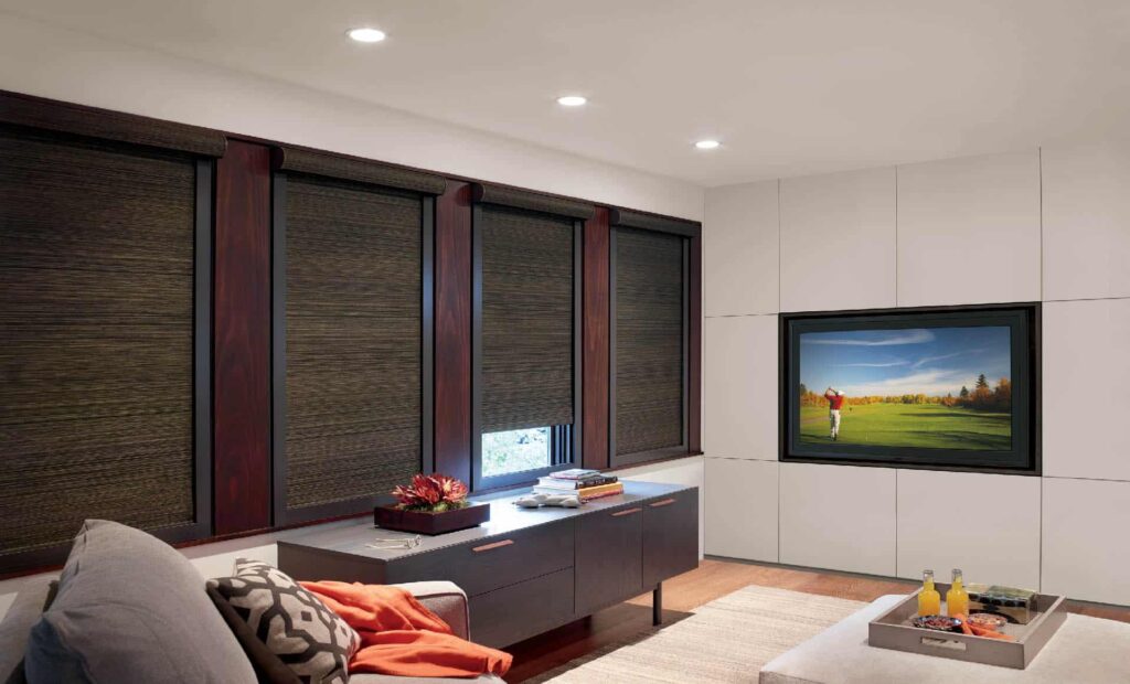 A living room with a flat screen tv and blinds.
