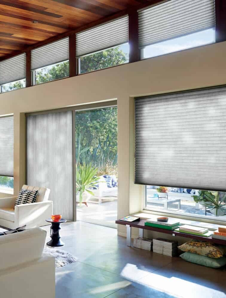 A living room with large windows and cellular honeycomb shades.