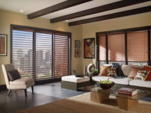 A living room with venetian blinds and a view of the city.