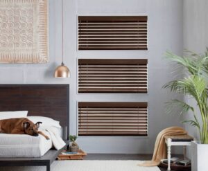 A bedroom with venetian blinds and a dog on the bed.